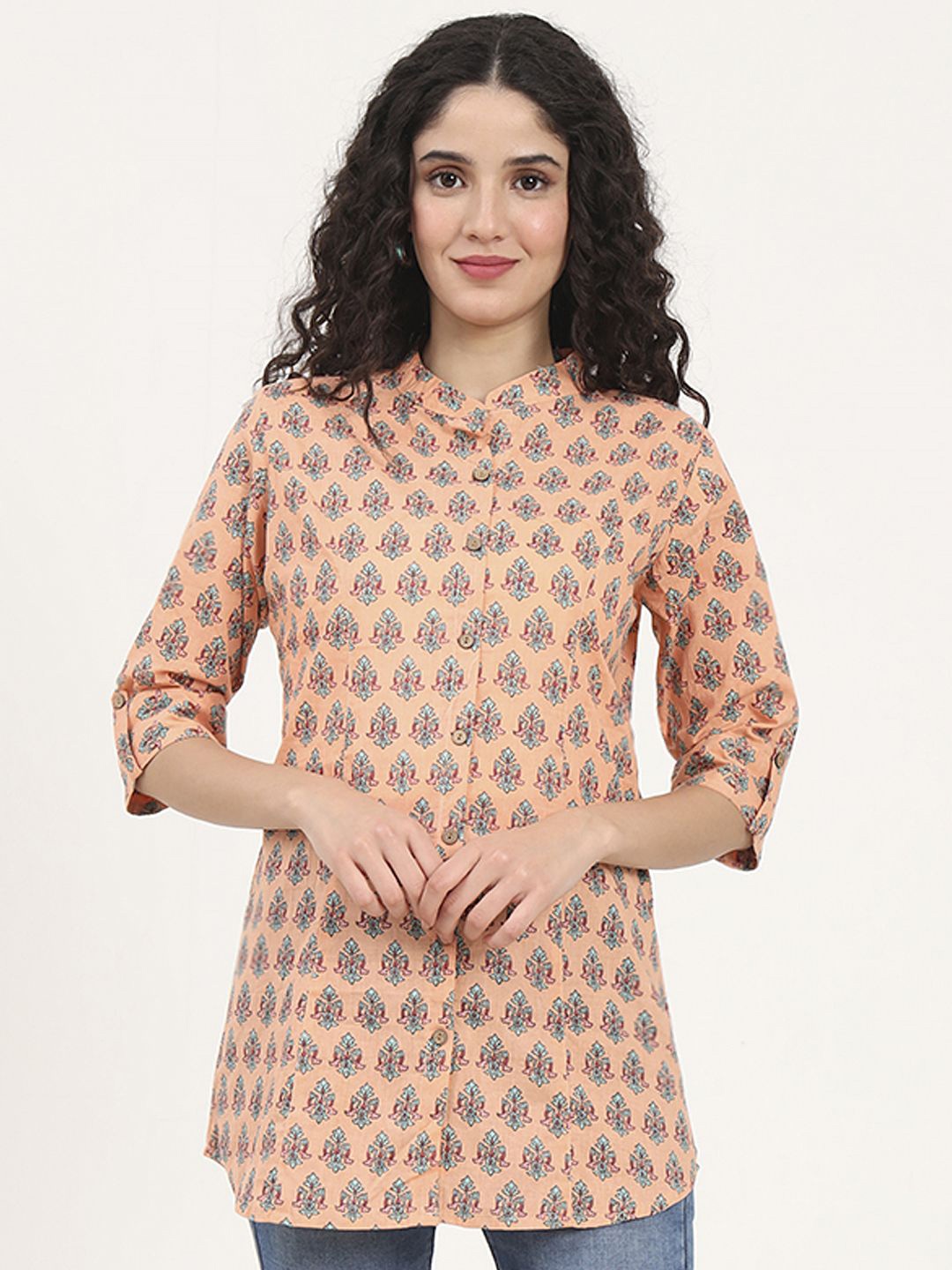 

Divena Women Floral Printed Mandarin Collar Roll-Up Sleeves Cotton Top, Orange