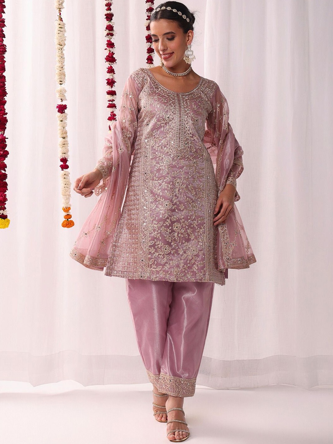 

Chhabra 555 Dori Embroidered & Mirror Embellished Straight Kurta Trousers & Dupatta, Pink