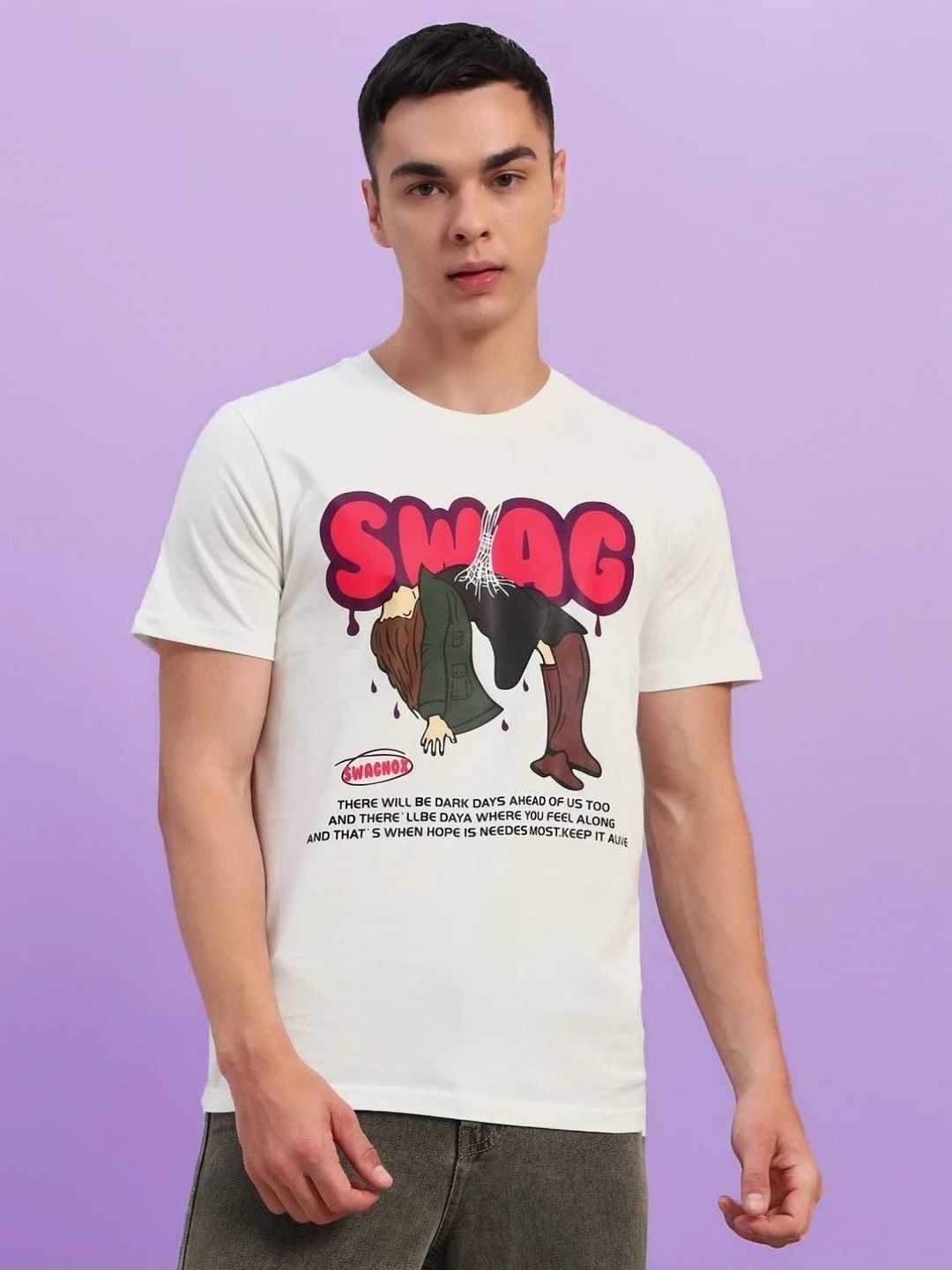 

SWAGNOX Men Printed Applique T-shirt, White