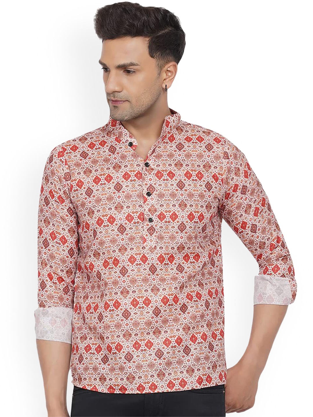 

VEERA PARIDHAAN Ethnic Motifs Printed Band Collar Cotton Straight Short Kurta, Beige