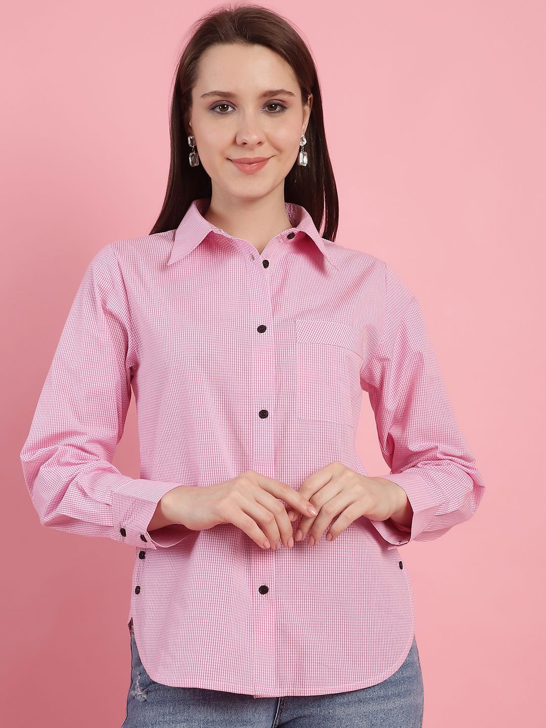 

JAKANARY Women Pinstripes Opaque Checked Casual Shirt, Pink