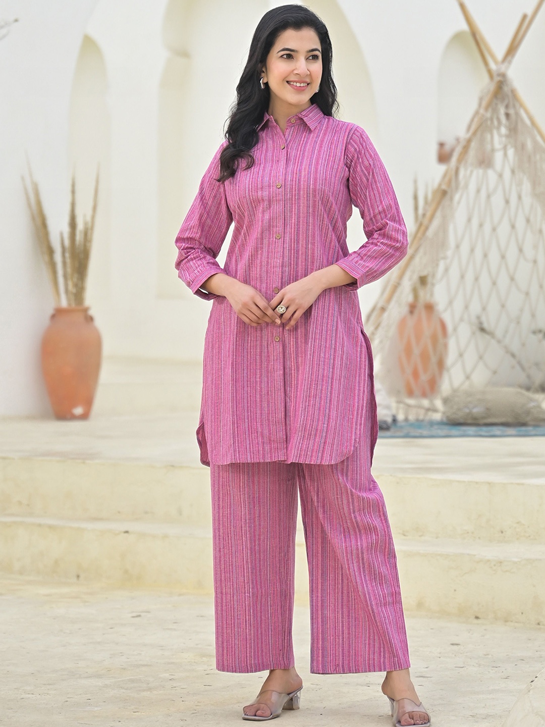 

The Hope Striped Shirt Collar Tunic With Trousers Co-Ords, Pink