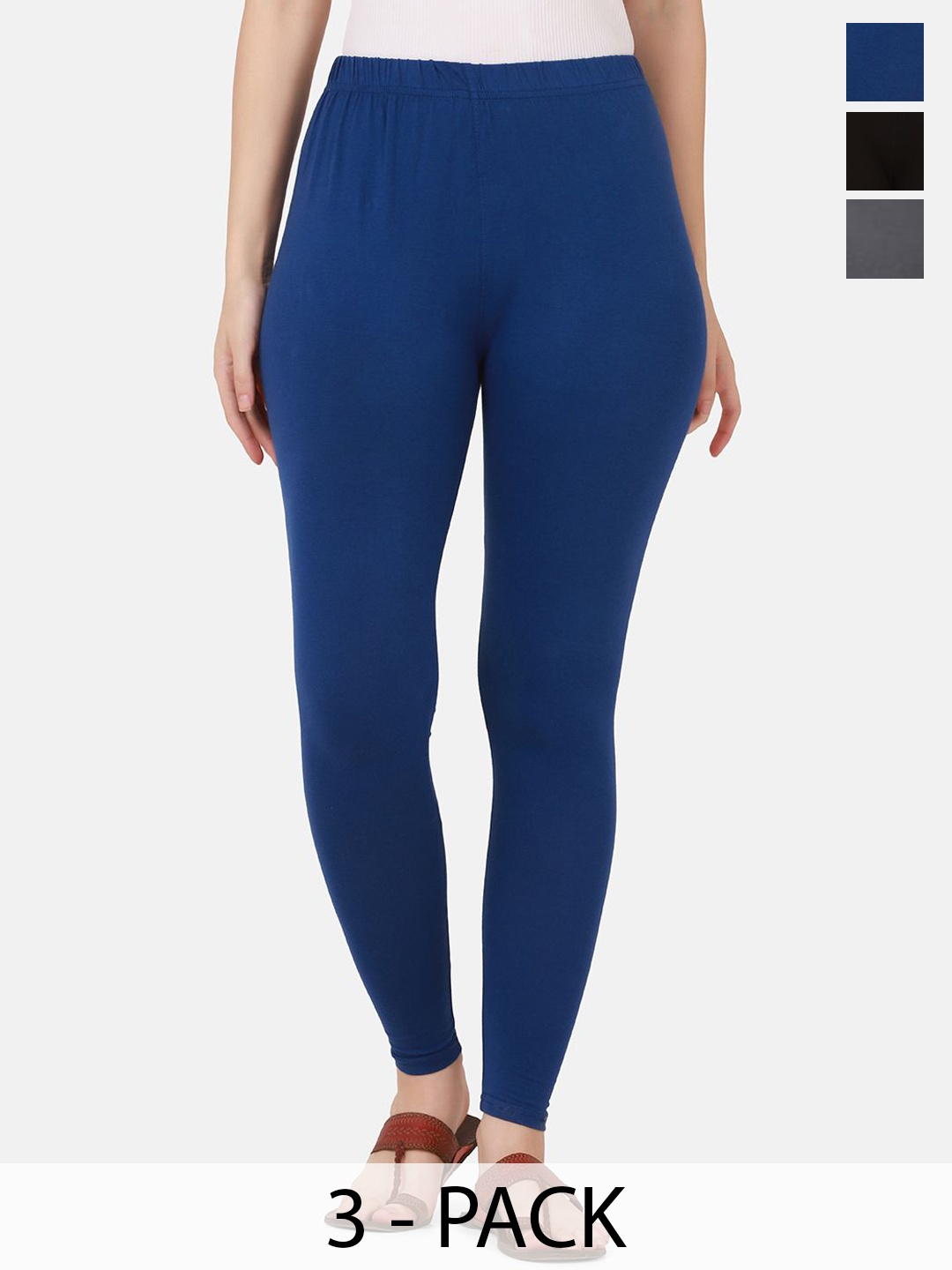 

DIMPY GARMENTS Pack Of 3 Pure Cotton Slim Fit Mid Rise Ankle Length Leggings, Blue