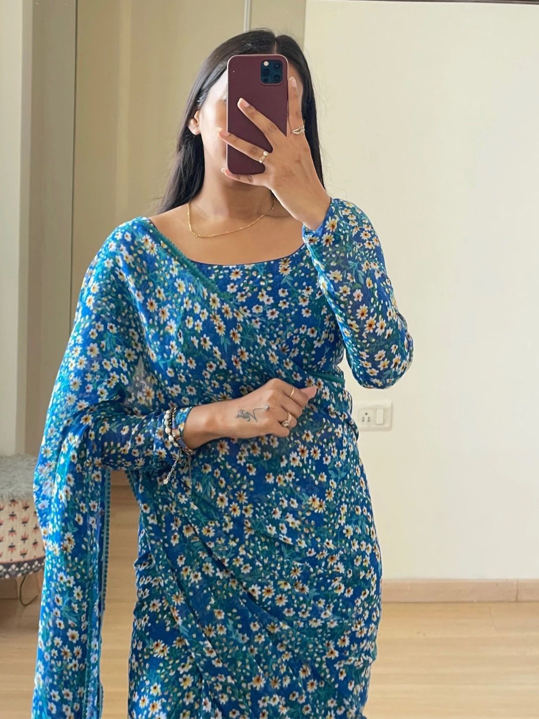 

Moda Rapido Floral Micro Printed Georgette Ready to Wear Saree, Turquoise blue