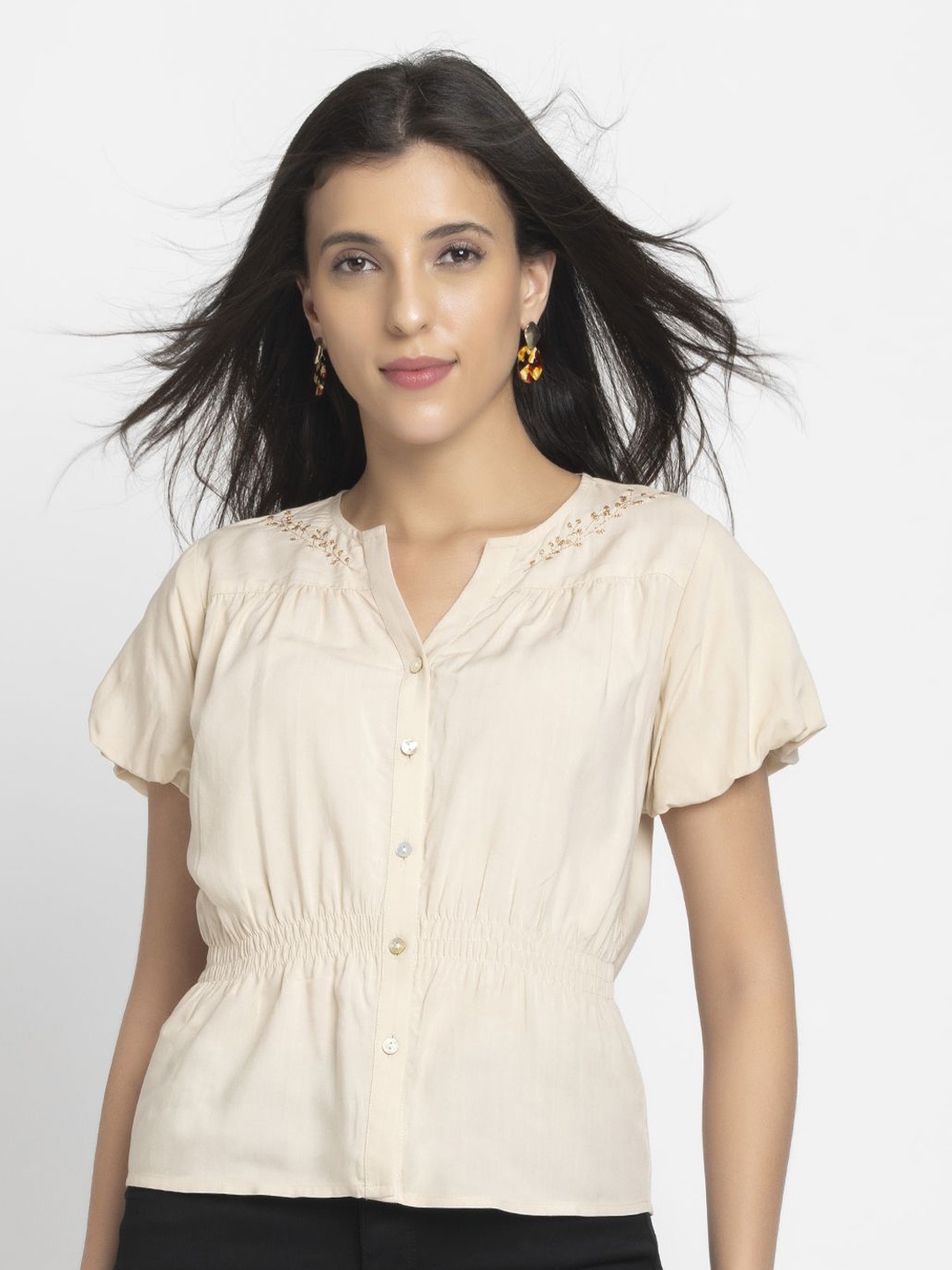 

SHAYE Women Floral Embroidered Solid Casual Top, Beige