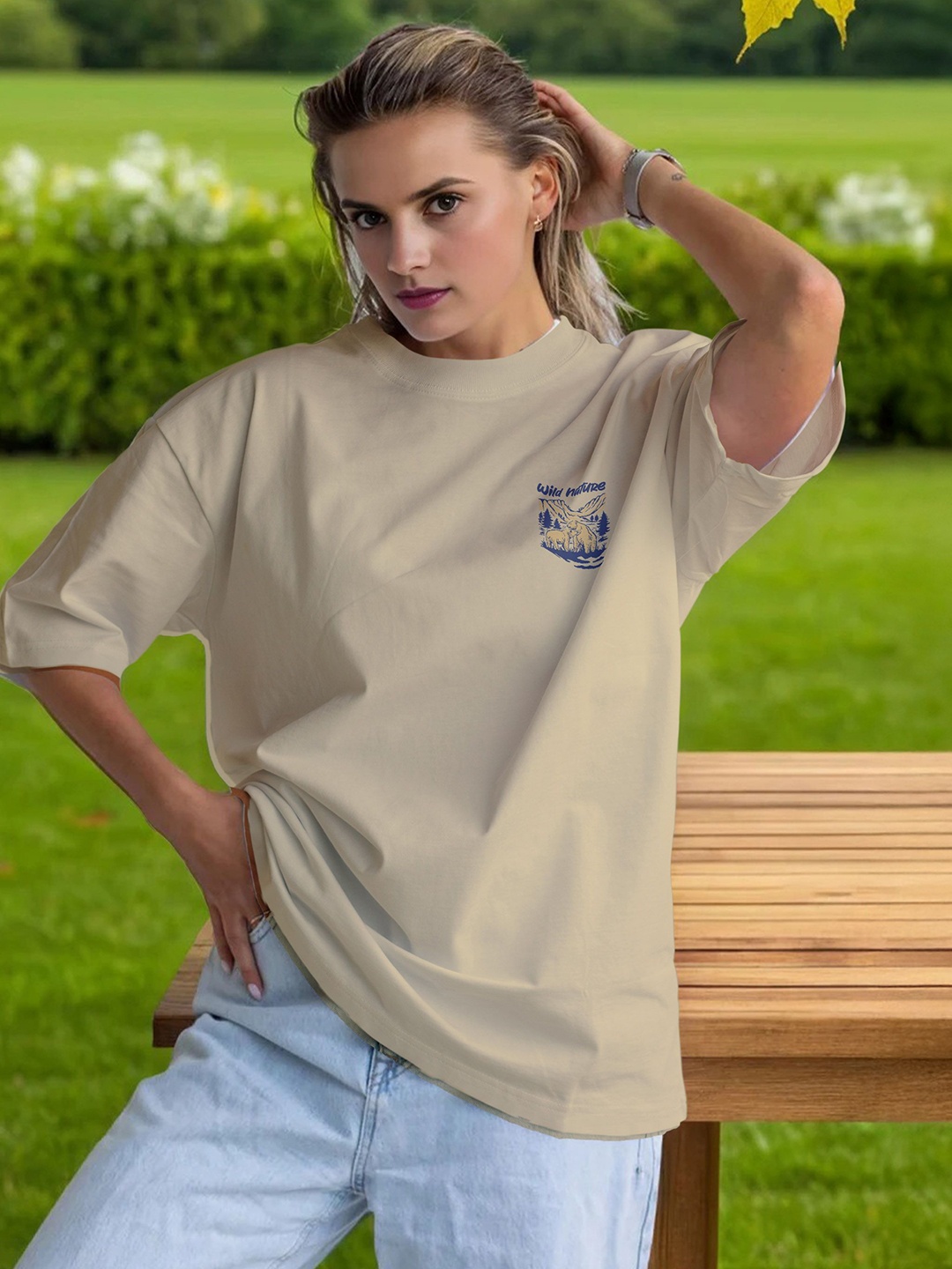 

Moda Rapido Women Printed Applique T-shirt, Cream