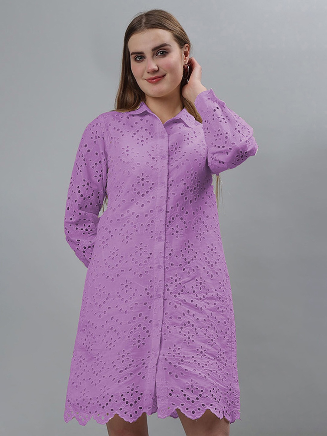

ETRAANA Women Comfort Self Design Schiffli Longline Casual Cotton Shirt, Lavender