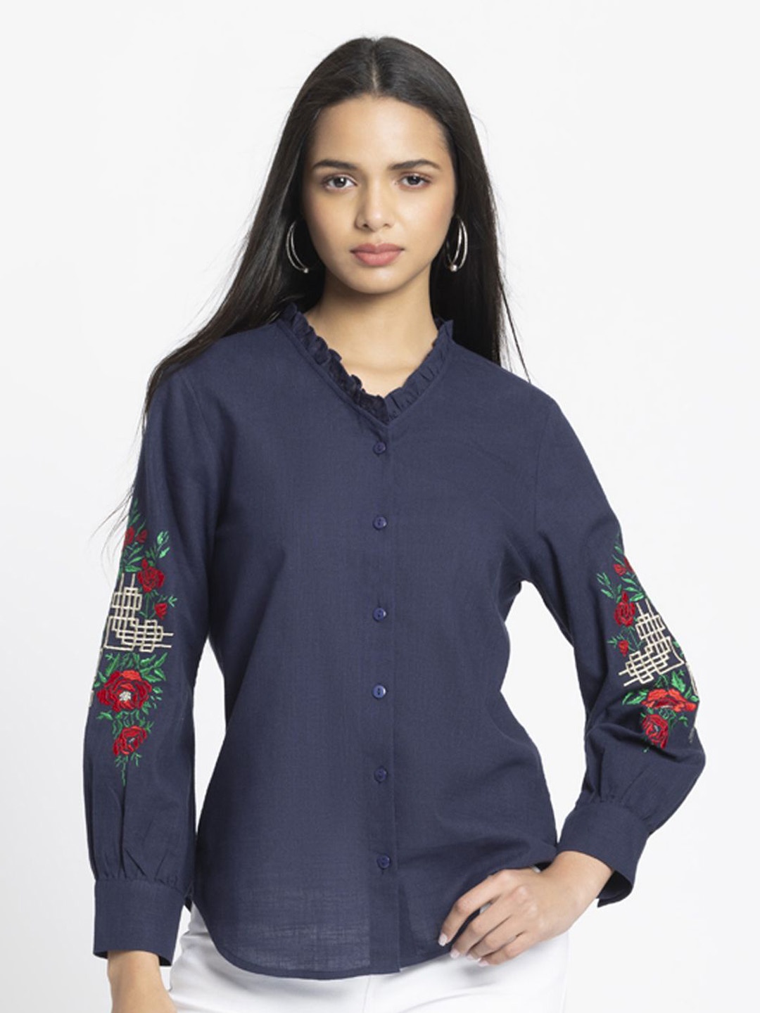 

SHAYE Women Smart Collarless Floral Printed Casual Shirt, Navy blue