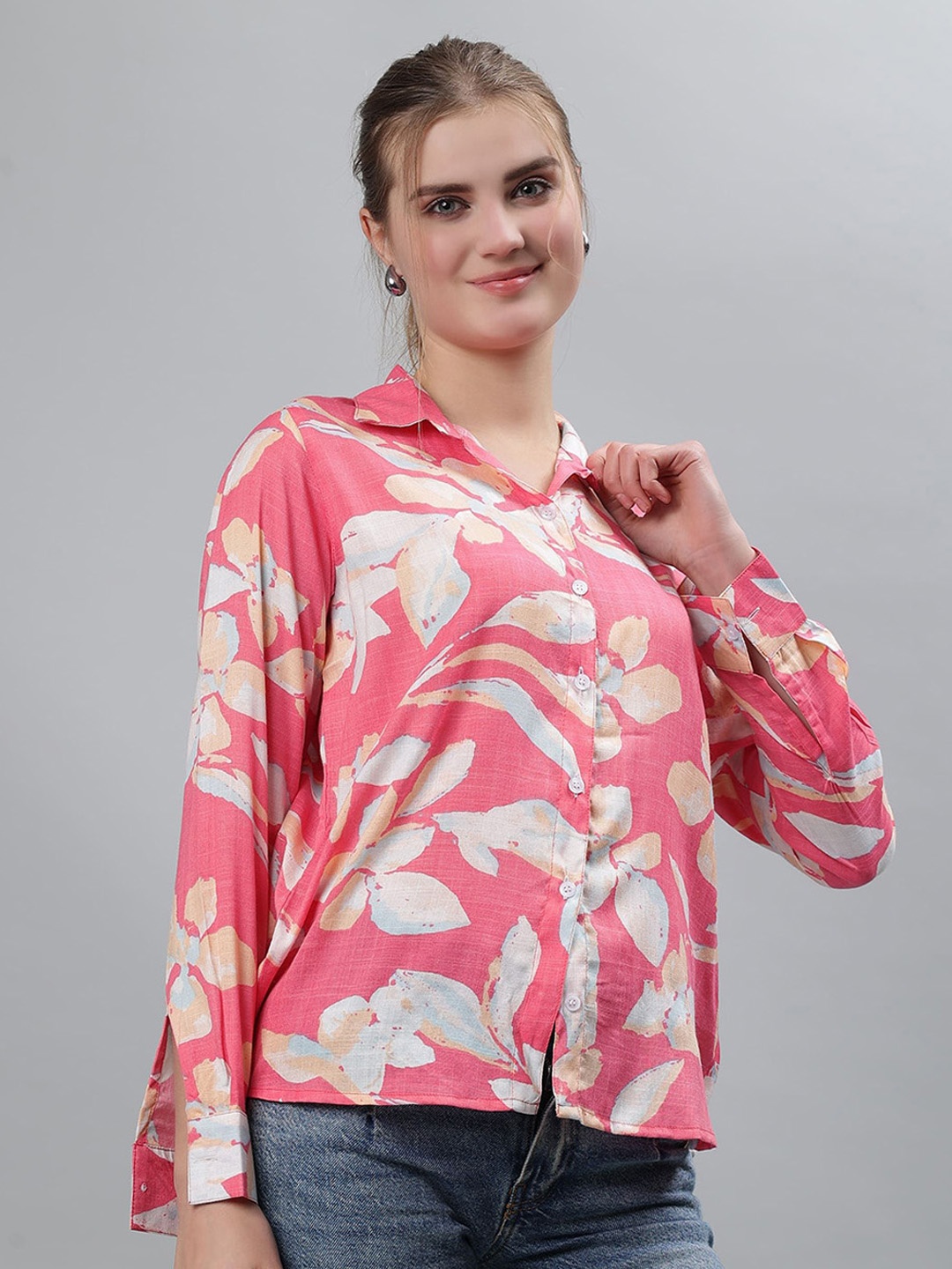 

ETRAANA Women Comfort Fit Cutaway Collar Floral Printed Cotton Casual Shirt, Pink