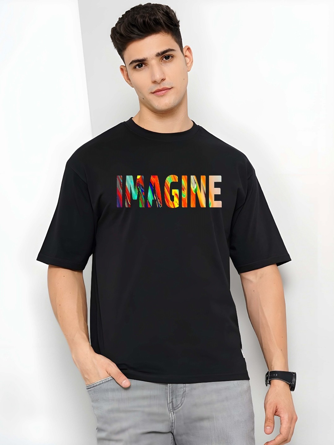 

THE BEETEL HOUSE Men Drop-Shoulder Sleeves T-shirt, Black