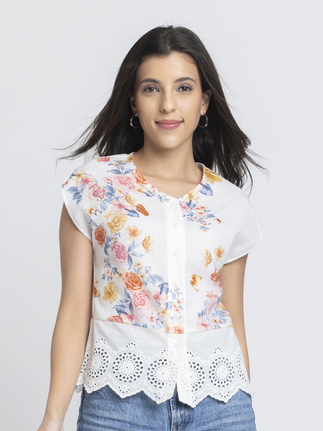 

SHAYE Women Floral Printed Linen Shirt Style Top, White