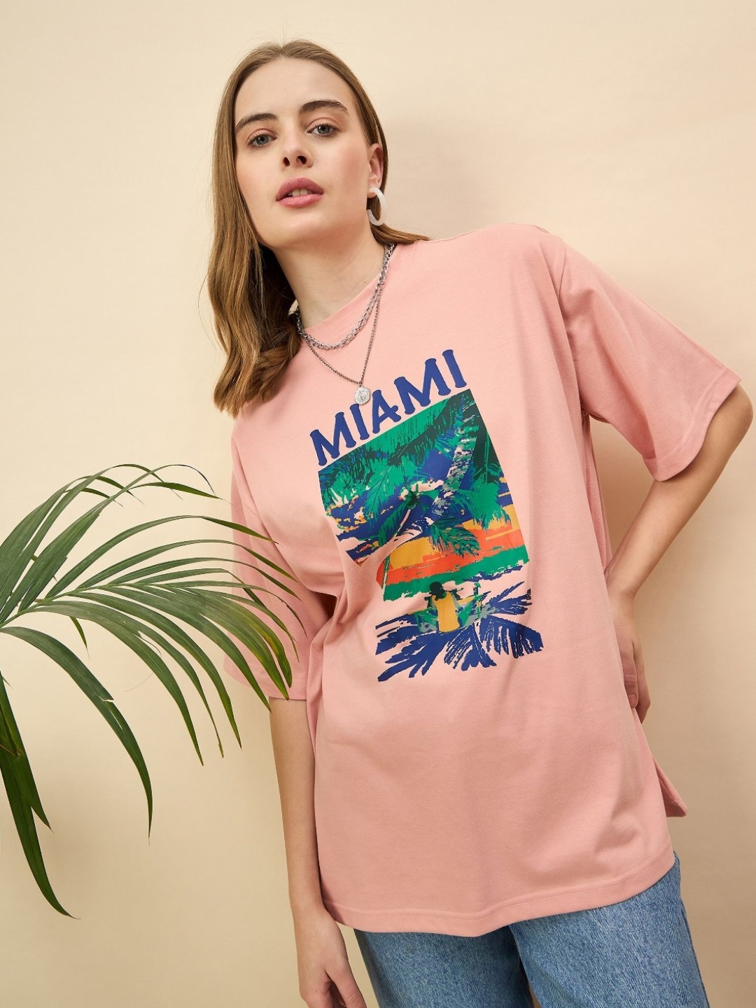 

Mast & Harbour Women Printed Drop-Shoulder Sleeves T-shirt, Peach