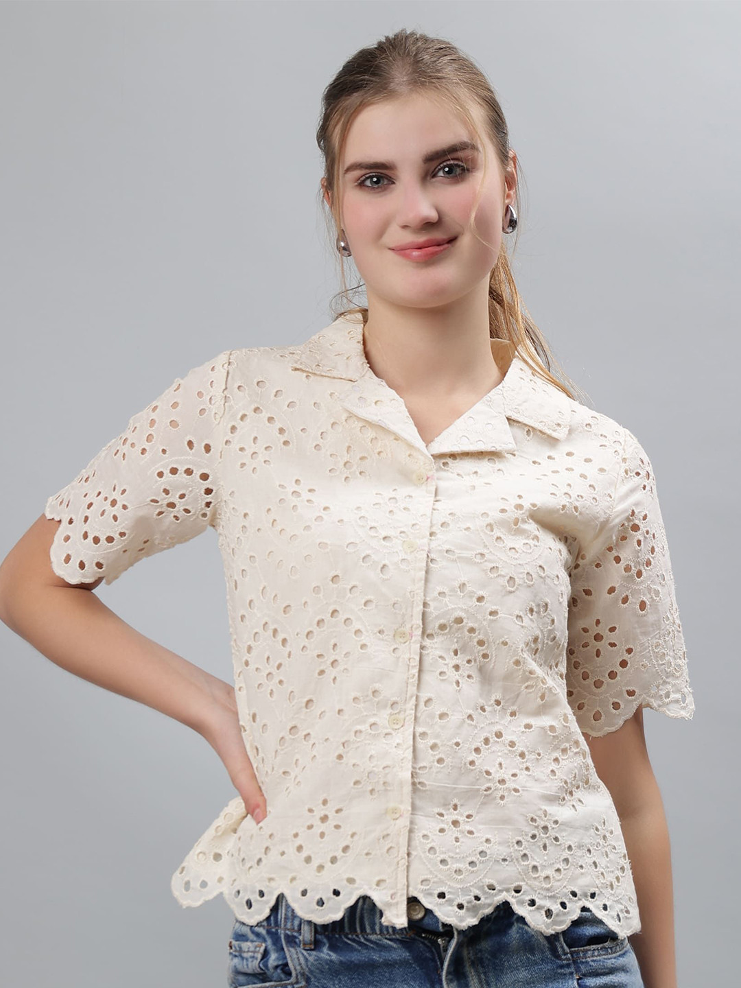 

ETRAANA Women Comfort Self Design Schiffli Cotton Casual Shirt, Beige