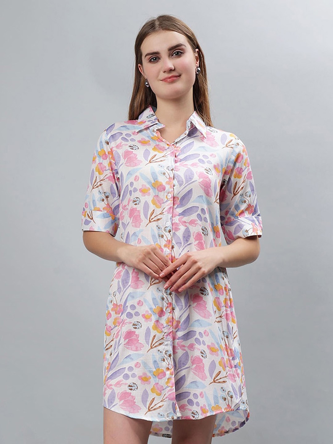 

ETRAANA Women Comfort Floral Printed Longline Cotton Casual Shirt, White
