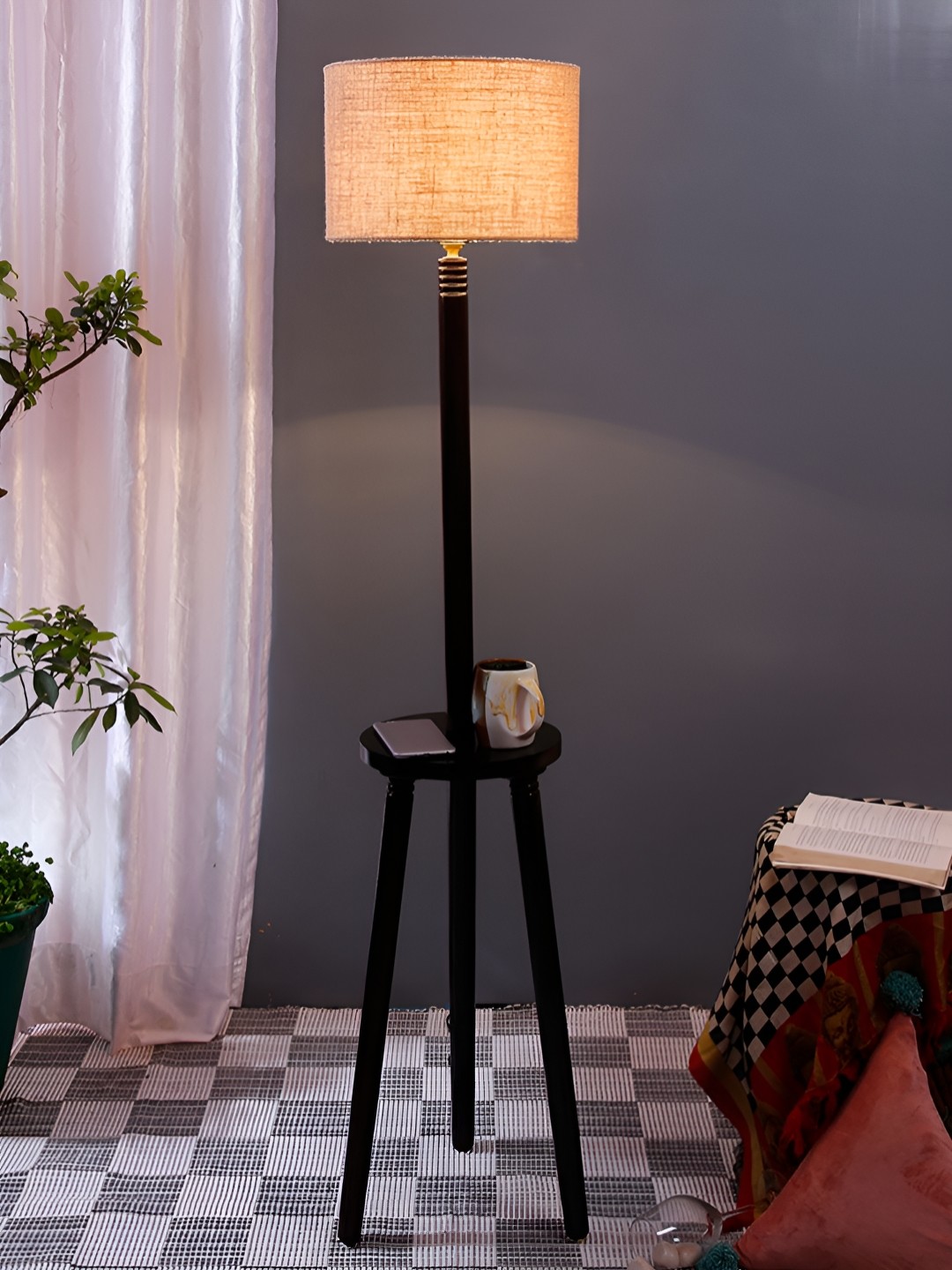 

Devansh Brown & Beige Cylinder Shaped Jute Wooden Floor Lamp With Shelf