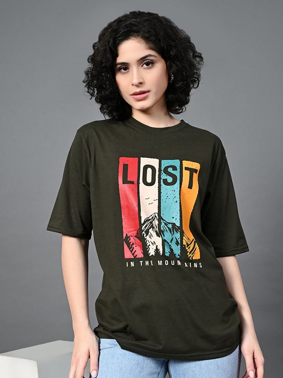 

CORSICA Women Typography Printed Drop-Shoulder Sleeves Bio Finish T-shirt, Olive