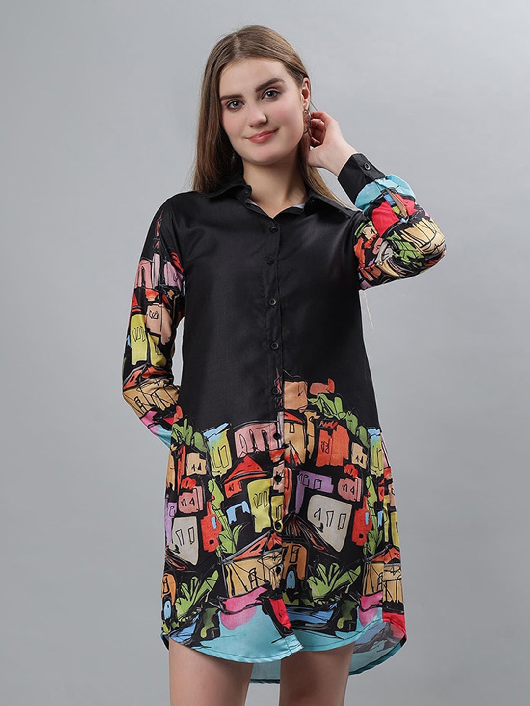 

ETRAANA Women Comfort Abstract Printed Longline Casual Shirt, Black