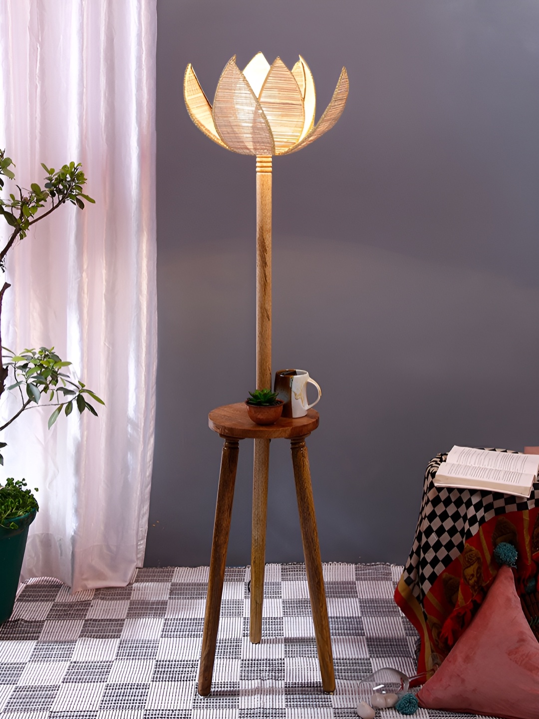 

Devansh Brown & Beige Textured Bamboo Lotus Wooden Floor Lamp