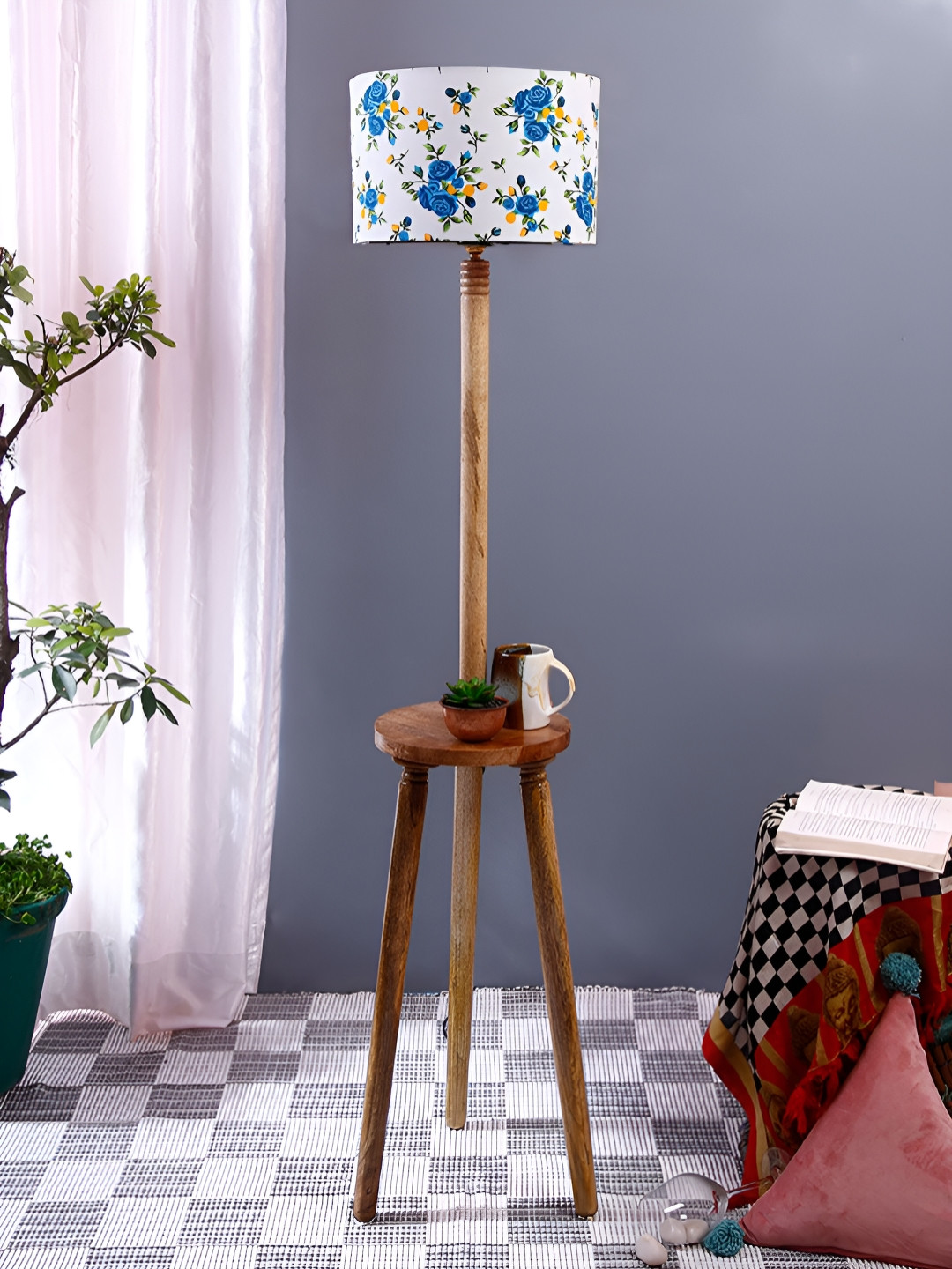

Devansh Brown & Blue Floral Printed Cylinder Shaped Wooden Floor Lamp