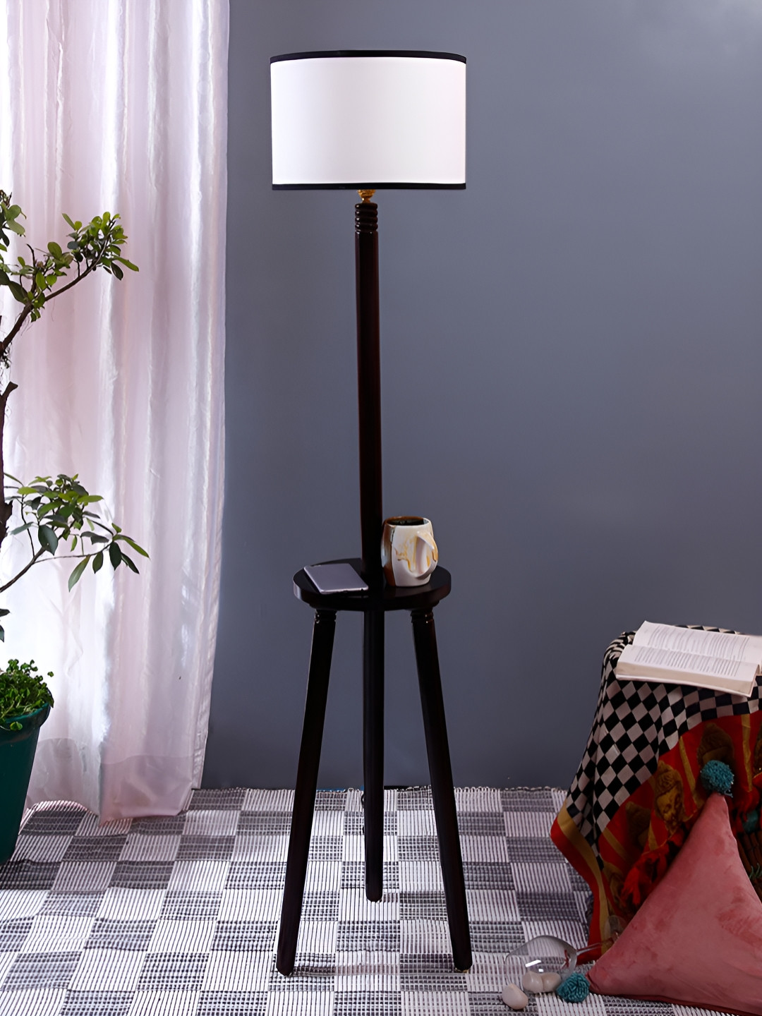 

Devansh Black & White Textured Cotton Drum Wooden Floor Lamp