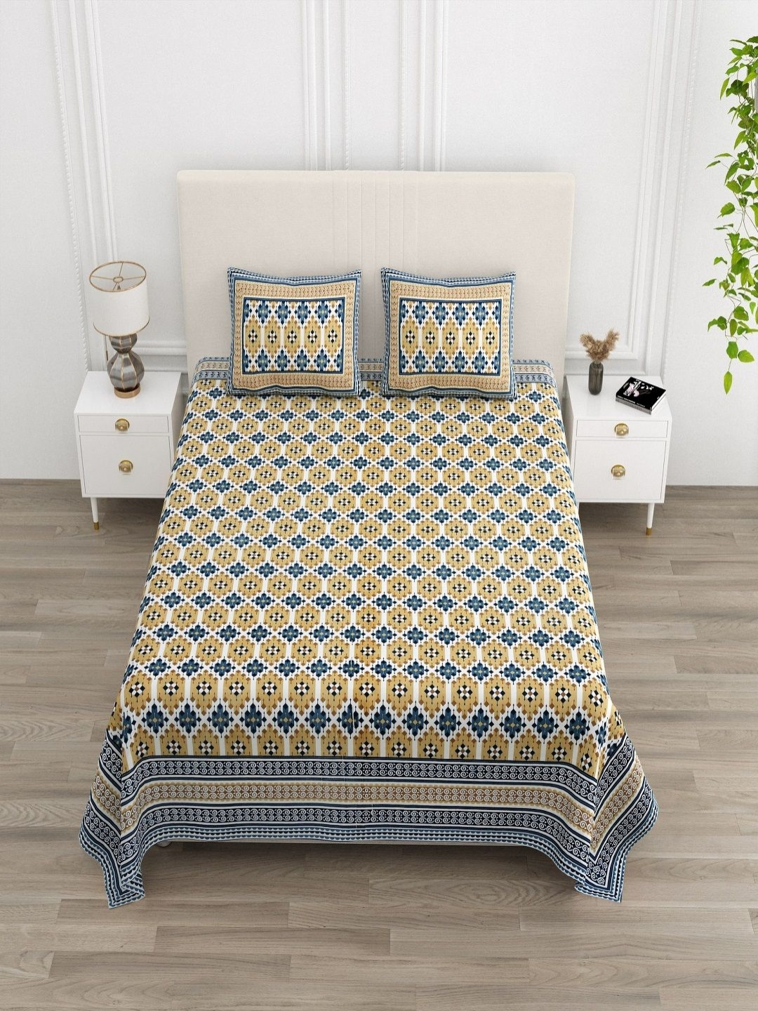 

tundwal's White & Blue Floral 210 TC Cotton King Bedsheet Set 2.2 m x 2.74 m