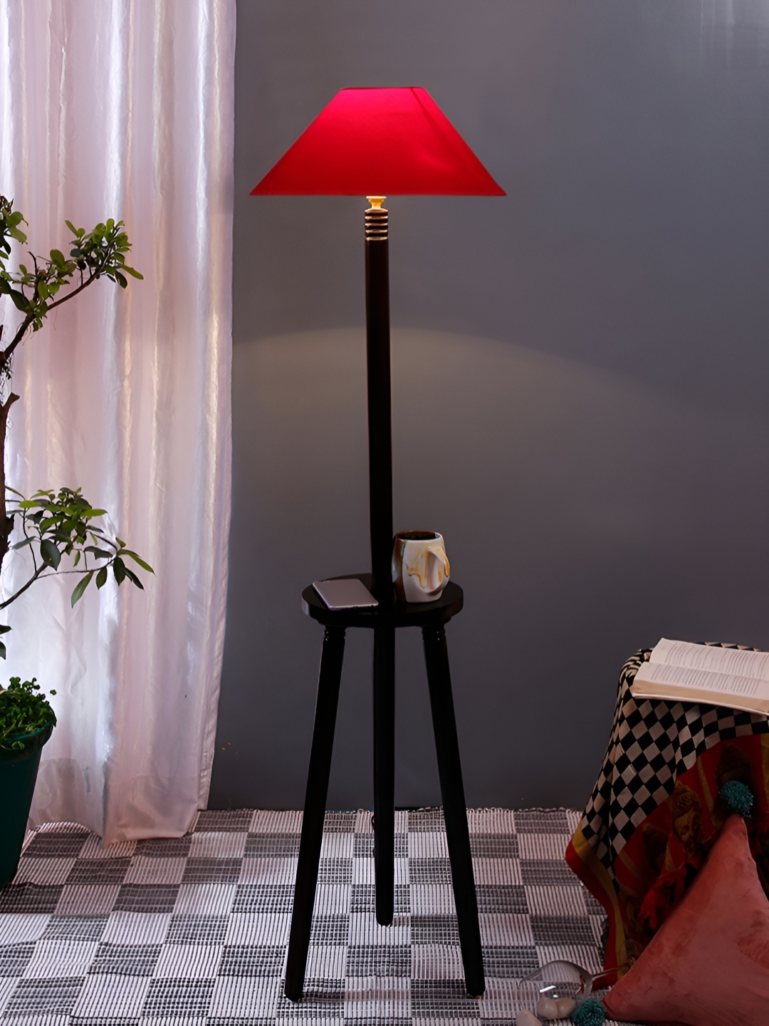 

Devansh Red & Brown Frustrum Shaped Wooden Floor Lamp With Shelf