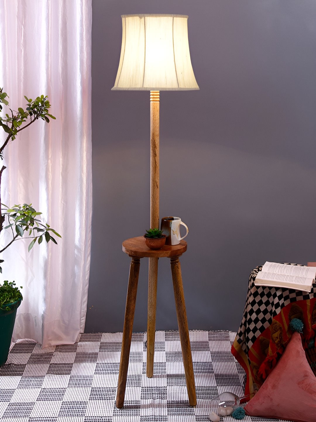 

Devansh Brown & Off White Frustum Shaped Wooden Floor Lamp