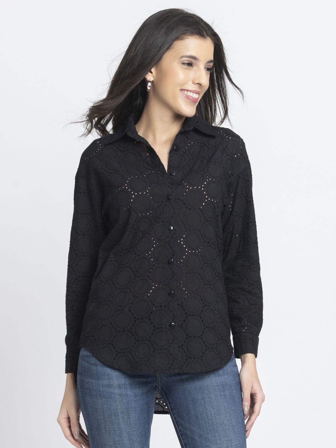 

SHAYE Women Relaxed Fit Self Design Pure Cotton Schiffli Casual Shirt, Black