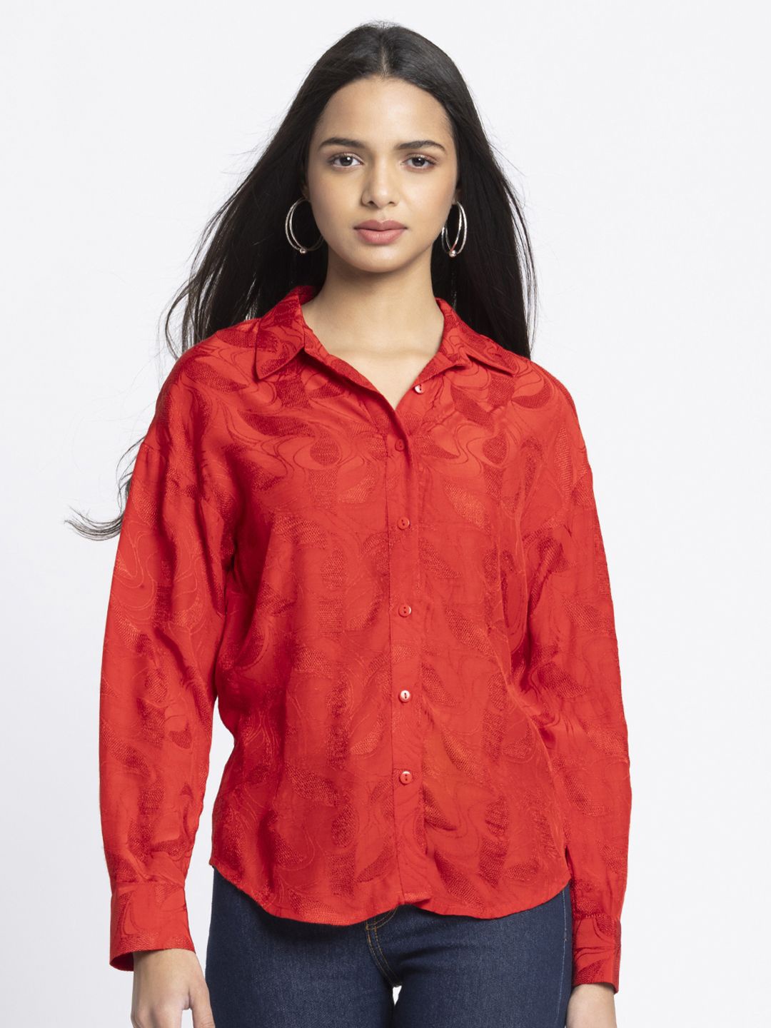 

SHAYE Women Smart Relaxed Fit Textured Casual Shirt, Red