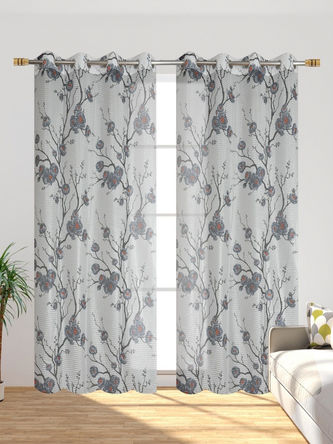 

Galaxy Home Decor White & Grey 2 Pieces Floral Printed Sheer Window Curtains