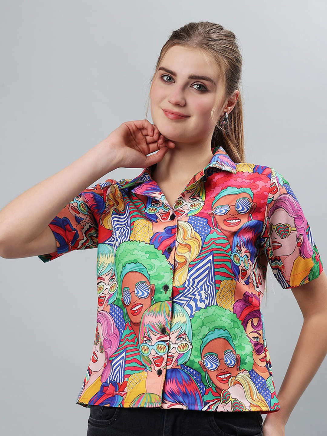 

ETRAANA Women Comfort Fit Spread Collar Graphic Printed Cotton Casual Shirt, Blue