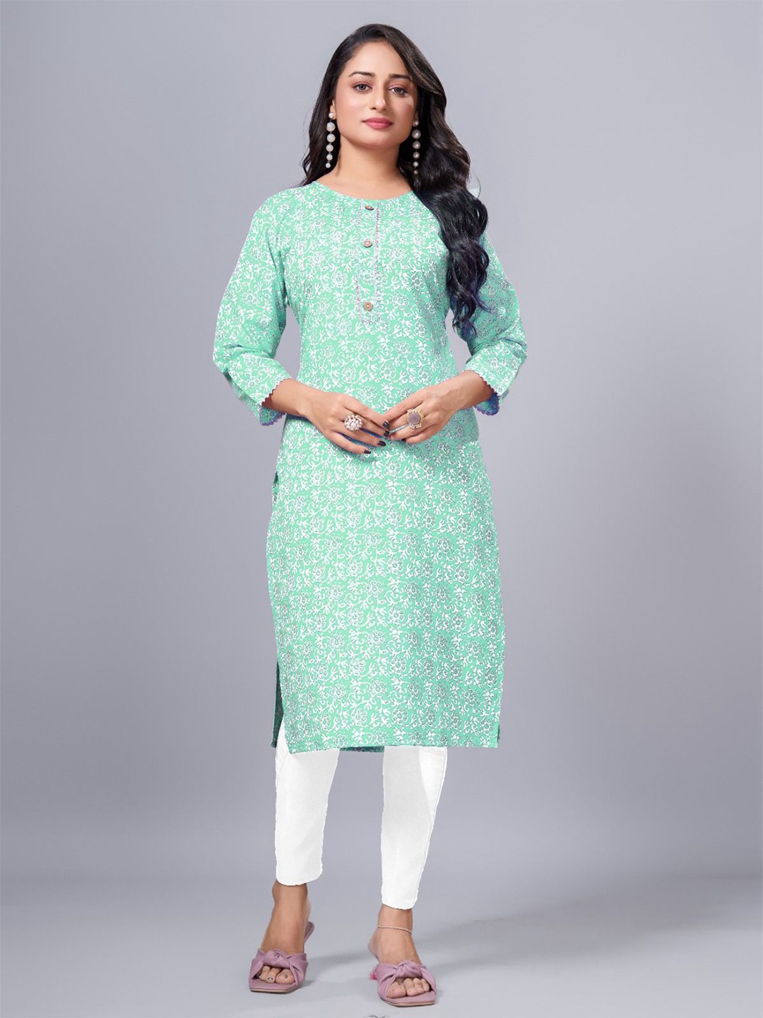 

SIMPLYETHNIC Floral Printed Round Neck Cotton Straight Kurta, Lime green