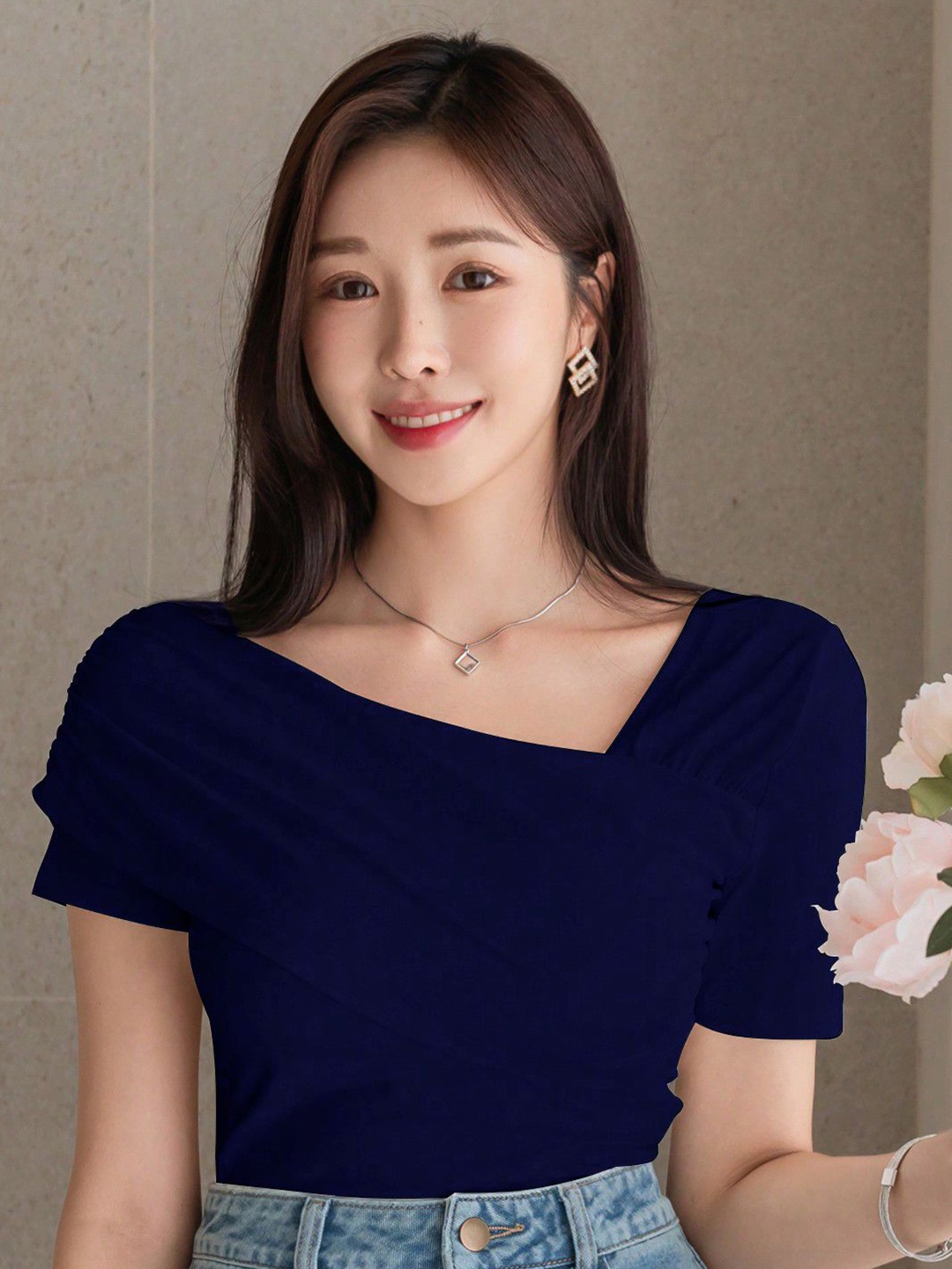 

Istyle Can One Shoulder Cold-Shoulder Top, Navy blue