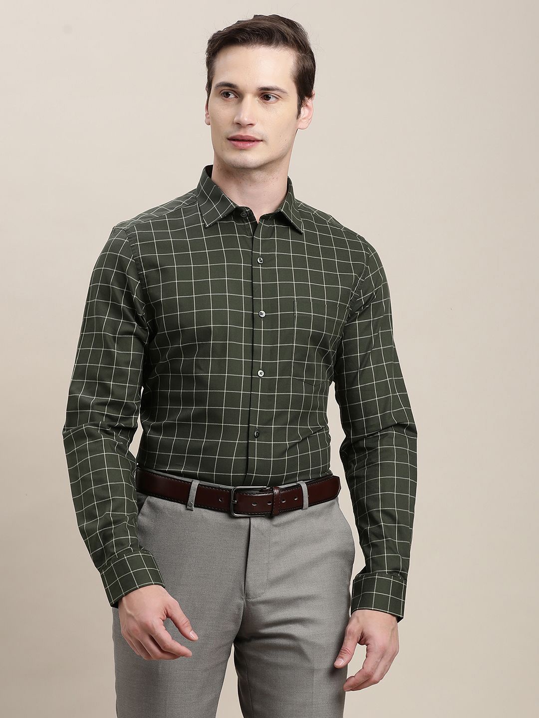 

Turtle Men Standard Slim Fit Spread Collar Grid Tattersall Checked Cotton Formal Shirt, Olive