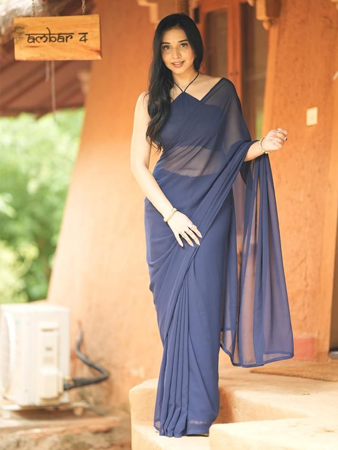 

Moda Rapido Pure Georgette Ready to Wear Saree, Navy blue