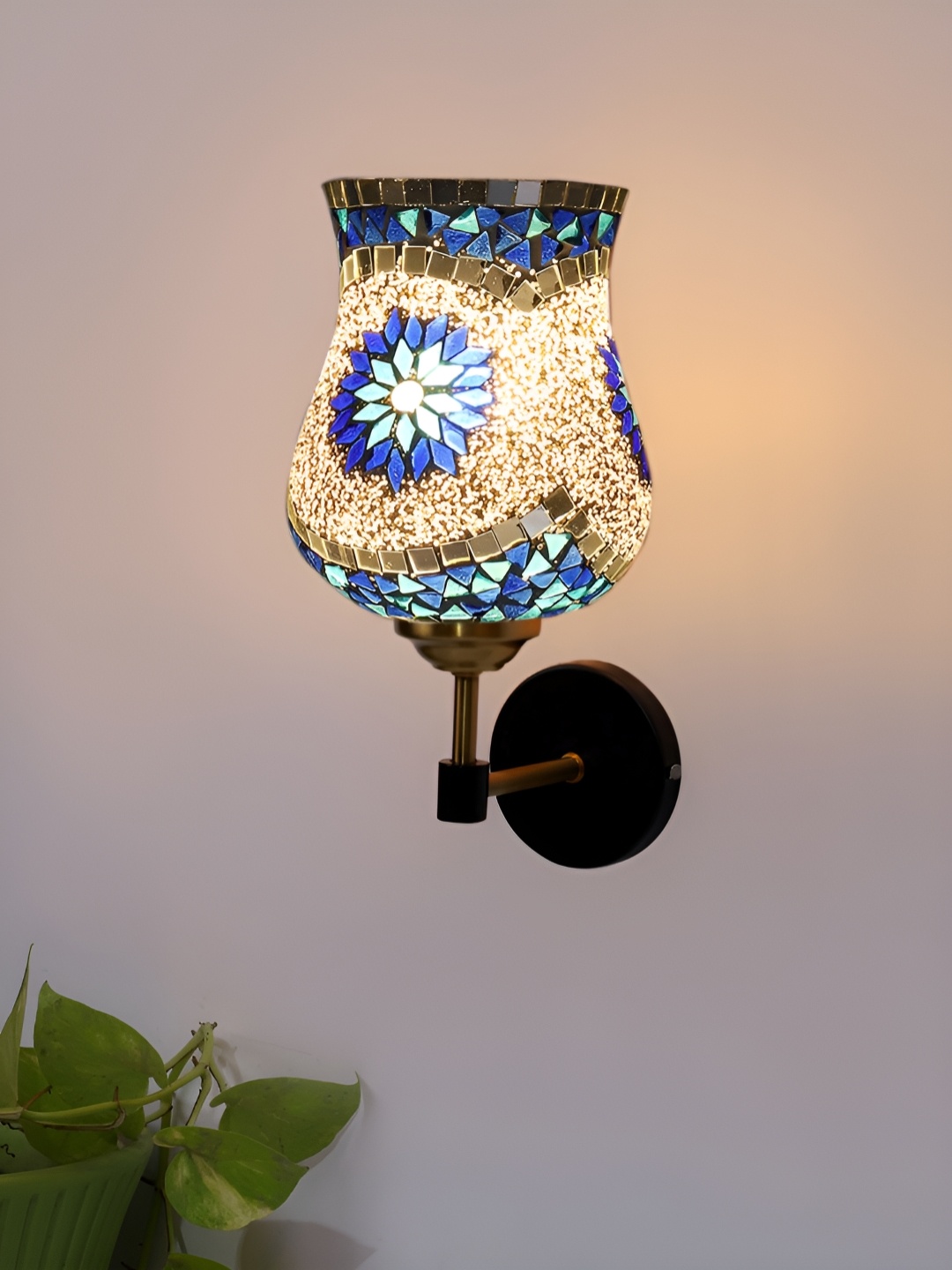 

Devansh Off White & Blue Printed Metal Traditional Abstract Shaped Shaped Wall Lamp