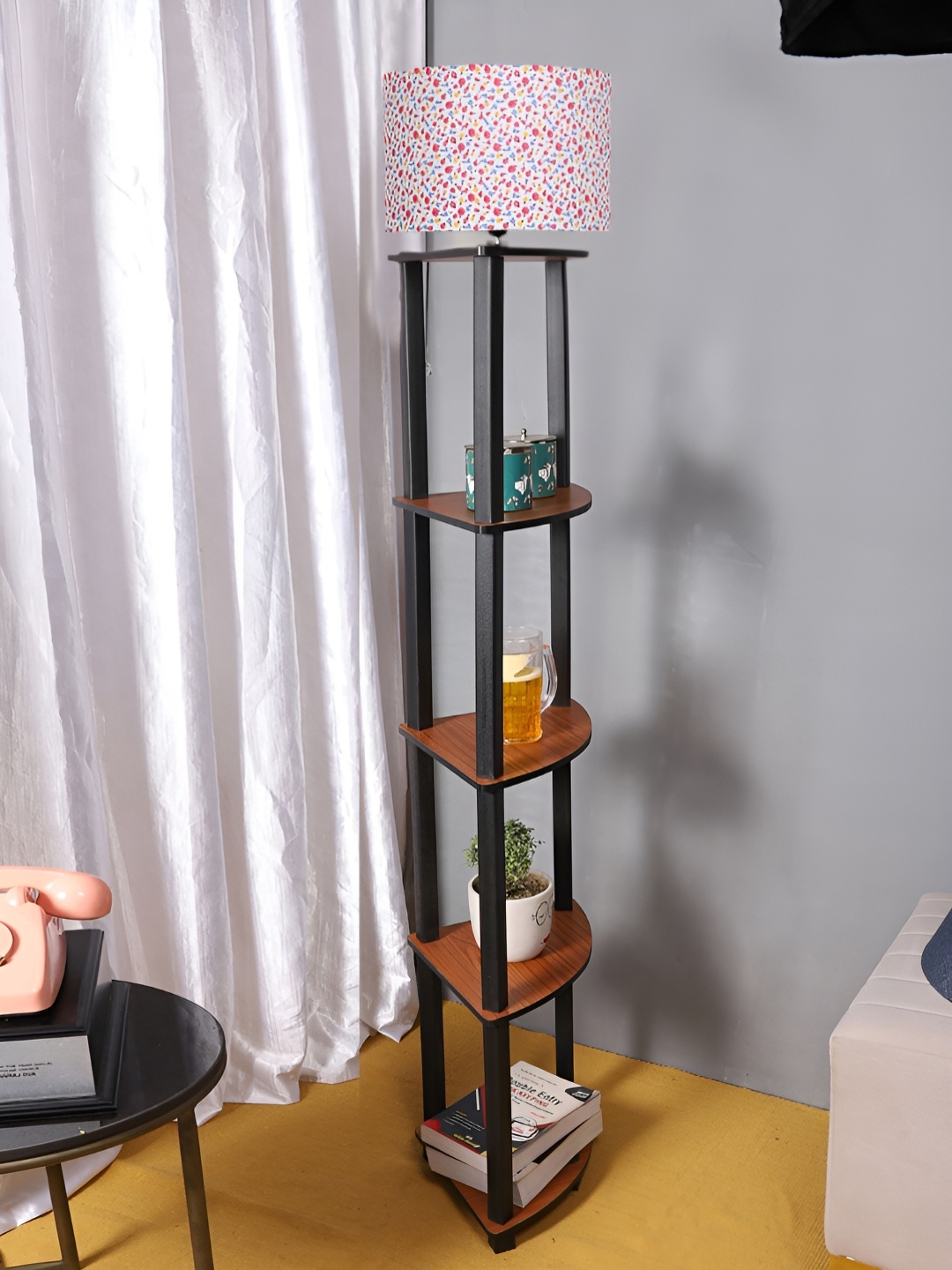 

Devansh White Printed Cotton Wooden Floor Lamp With Shelves