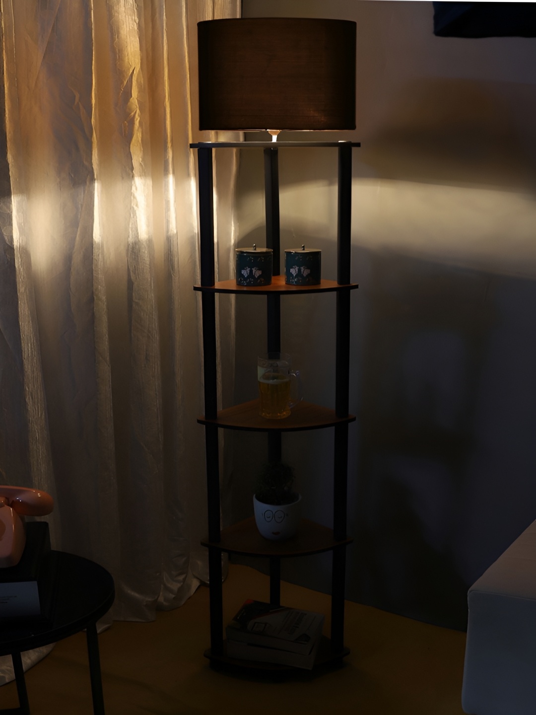 

Devansh Black And Brown Cylinder Shaped Wooden Floor Lamp With Shelves