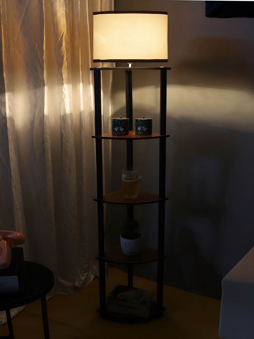 

Devansh Off-White & Black Cotton Cylinder Wooden Floor Lamp With Shelves