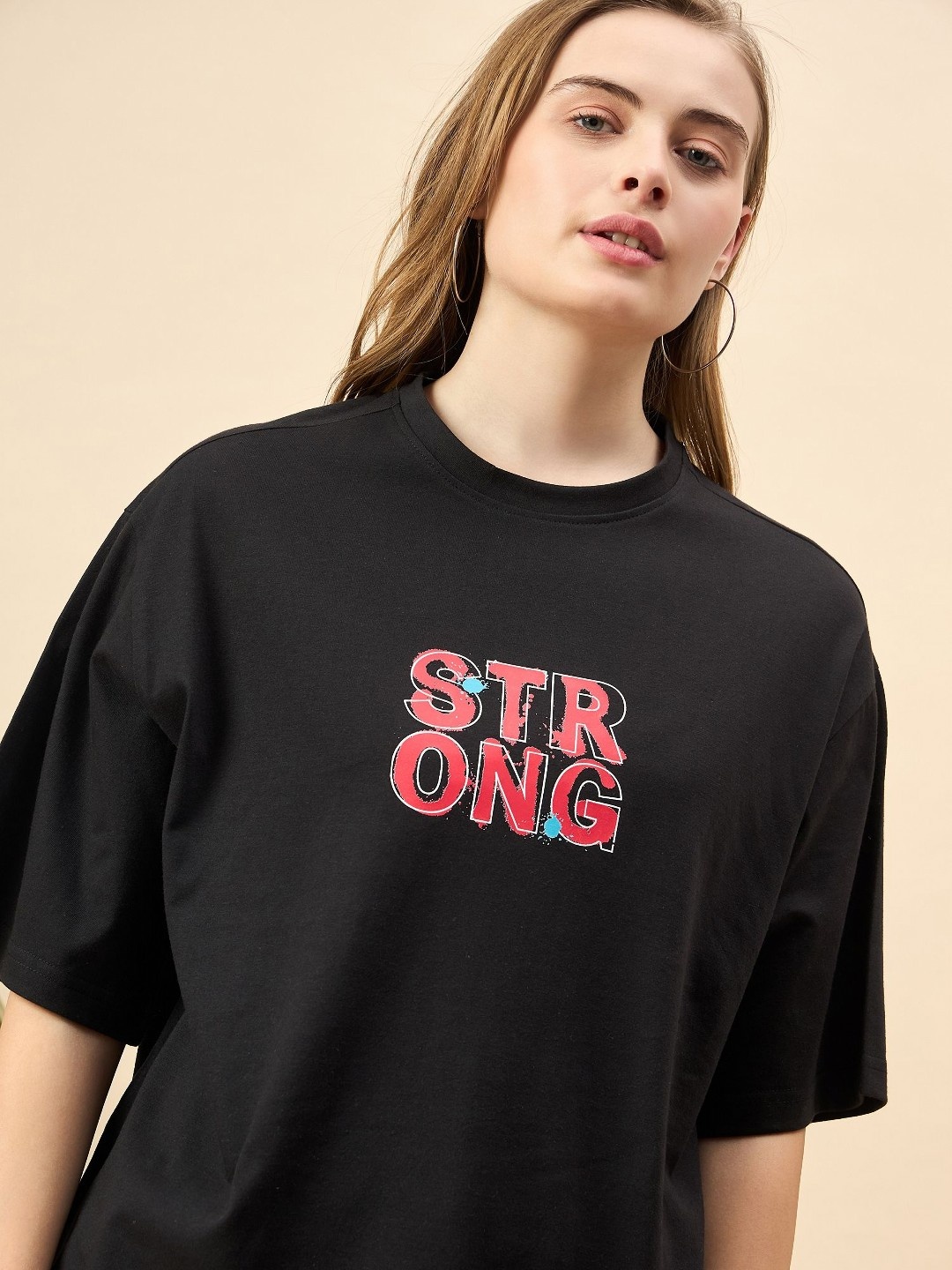 

Mast & Harbour Women Printed Drop-Shoulder Sleeves T-shirt, Black