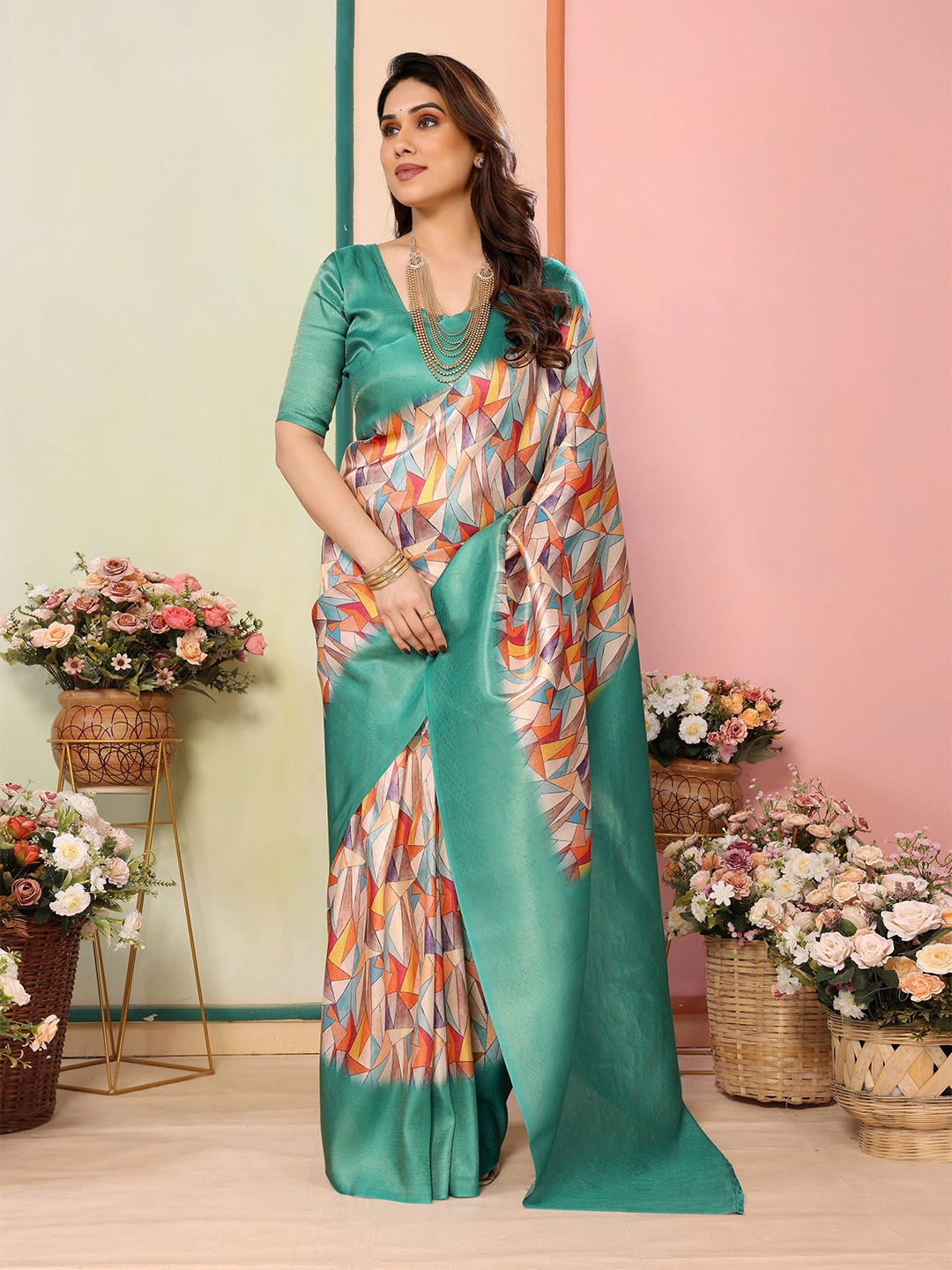 

Moda Rapido Women Geometric Printed Ready to Wear Banarasi Saree, Sea green