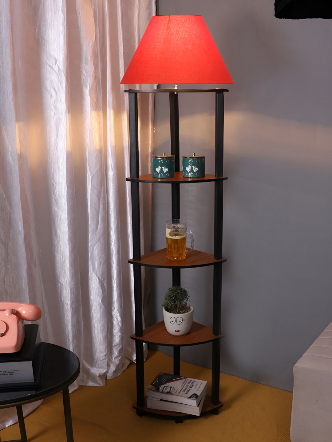 

Devansh Orange-Colored & Brown Frustum Shaped Wooden Shelf Floor Lamp