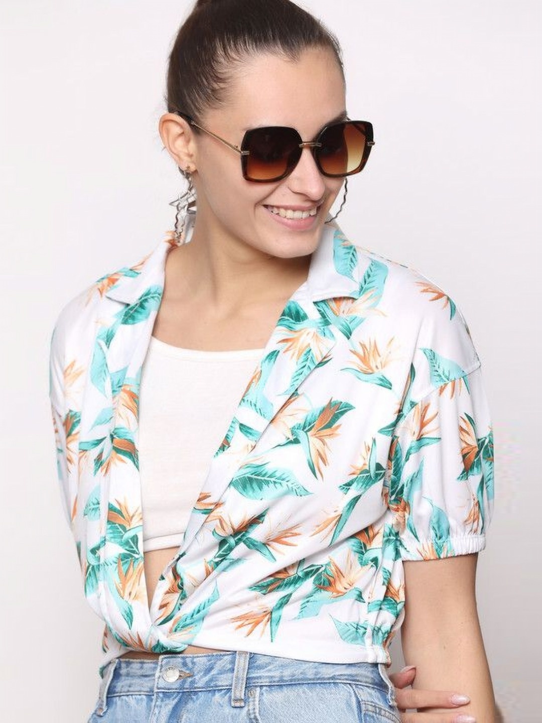 

Zicada Women Floral Printed Polo Collar Tropical Pockets T-shirt, Multi