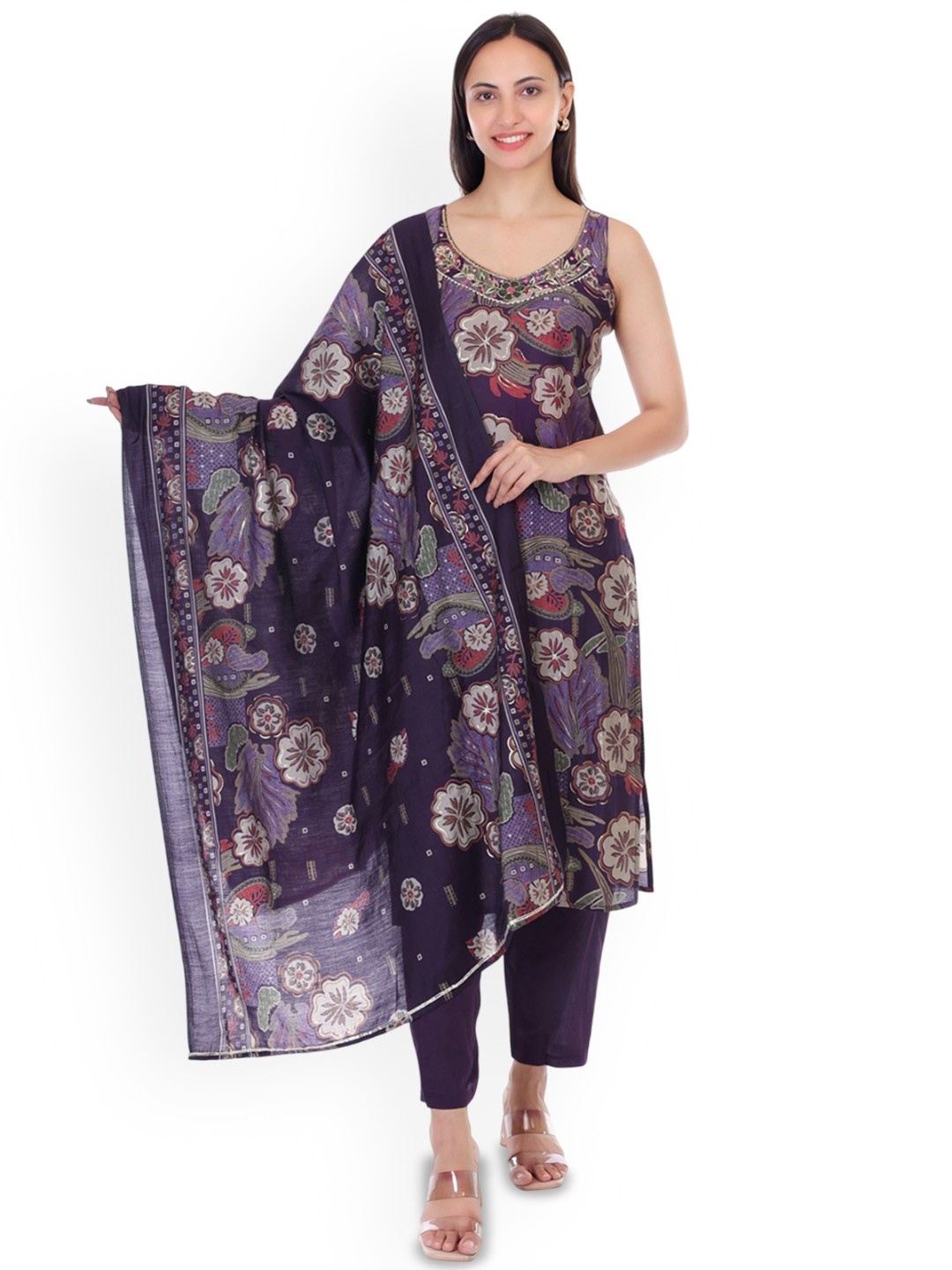 

JAITRA APPARELS Women Floral Printed Regular Kurta with Trousers & With Dupatta, Purple