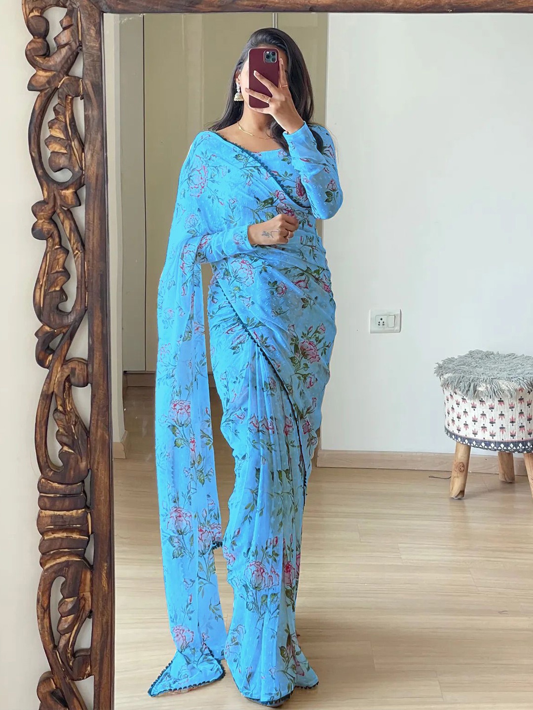 

Moda Rapido Floral Embroidered Pure Georgette Saree, Blue
