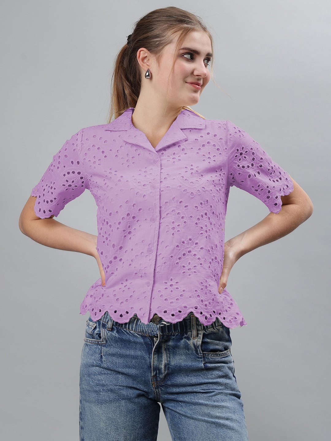 

ETRAANA Women Comfort Self Design Schiffli Cotton Casual Shirt, Lavender