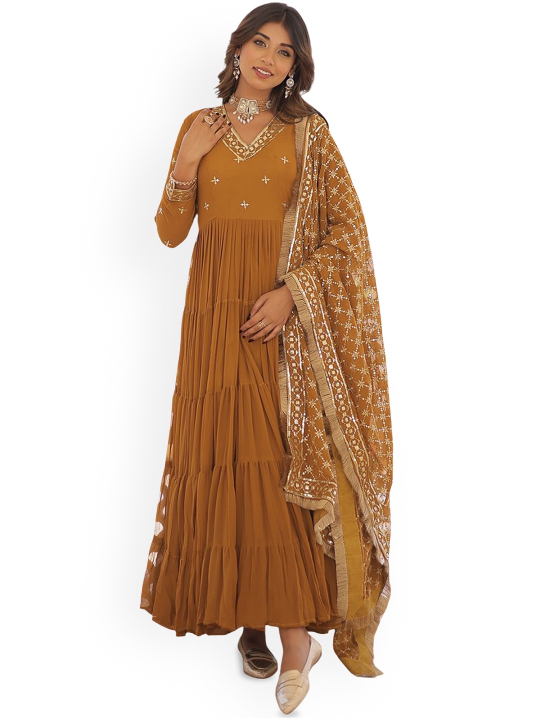

Wedani Women Embroidered Thread Work Georgette Anarkali Kurta, Yellow