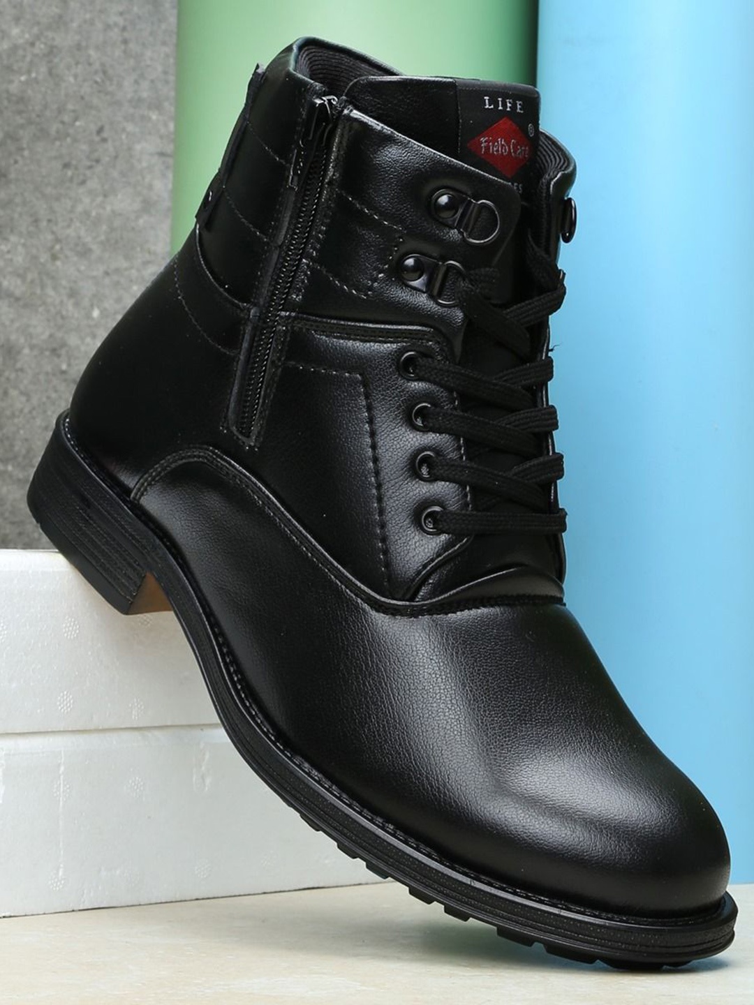 

Field Care Men High Top Lace Up Block Heel Biker Boots, Black