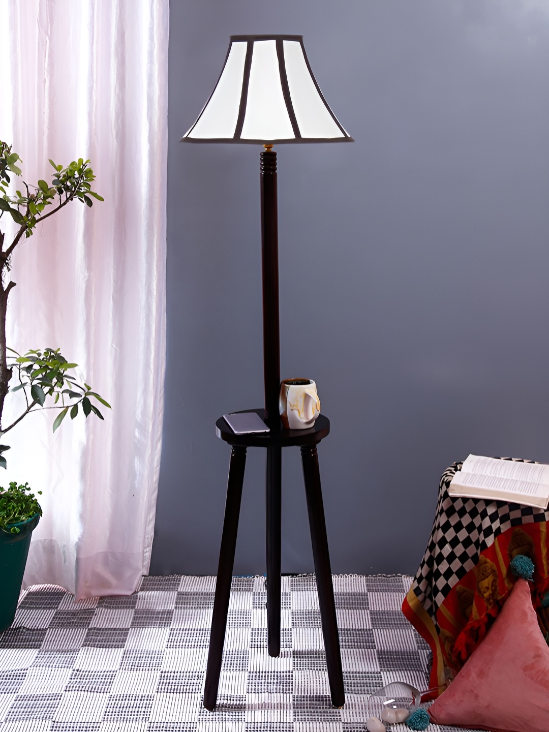 

Devansh Black & White Textured Cotton Shade Frustum Shaped Wooden Floor Lamp