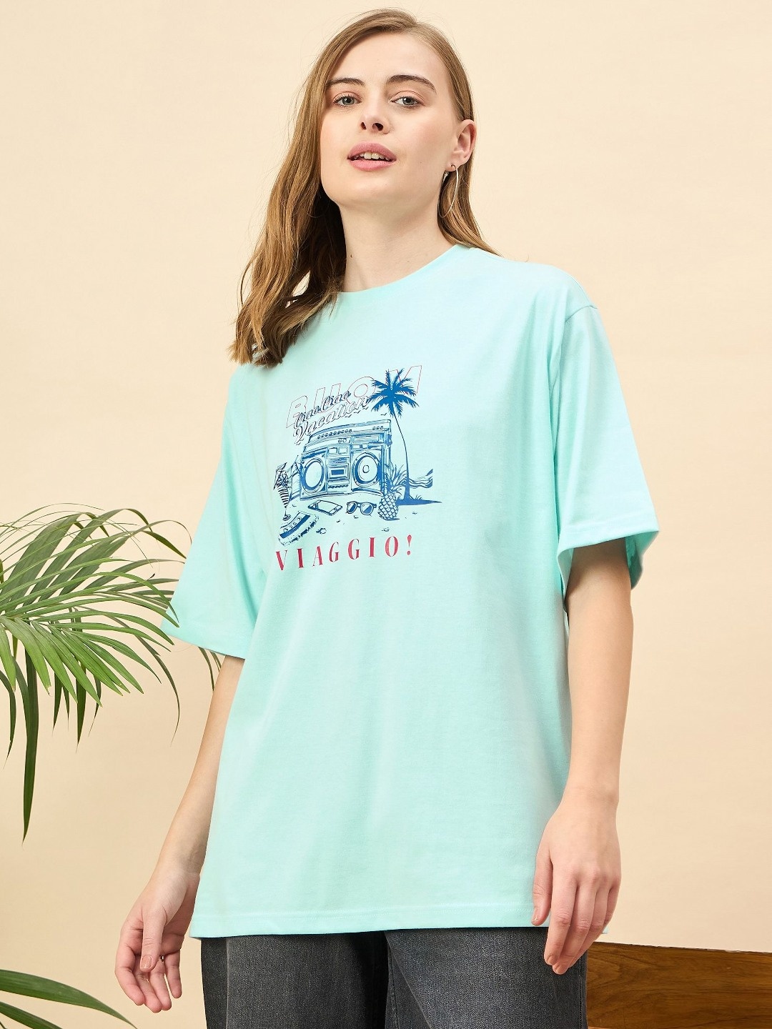 

Mast & Harbour Women Printed Drop-Shoulder Sleeves T-shirt, Blue